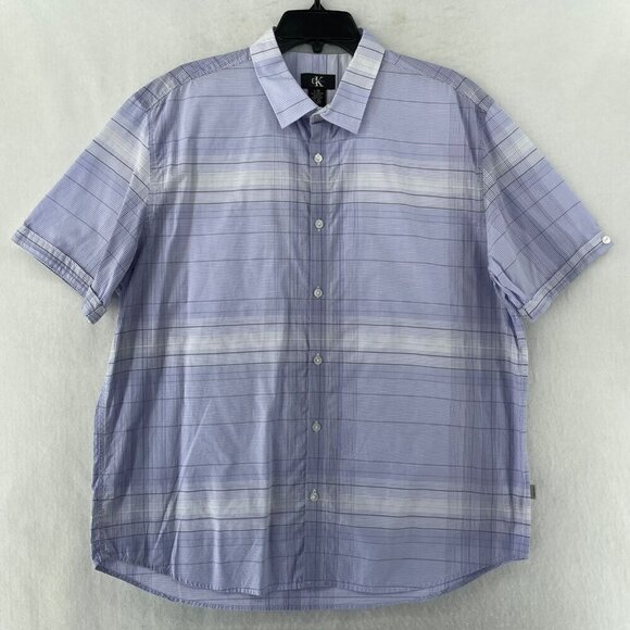Calvin Klein Button Up Shirt Mens Sz L Periwinkle Purple Striped Short Sleeve - Picture 1 of 11